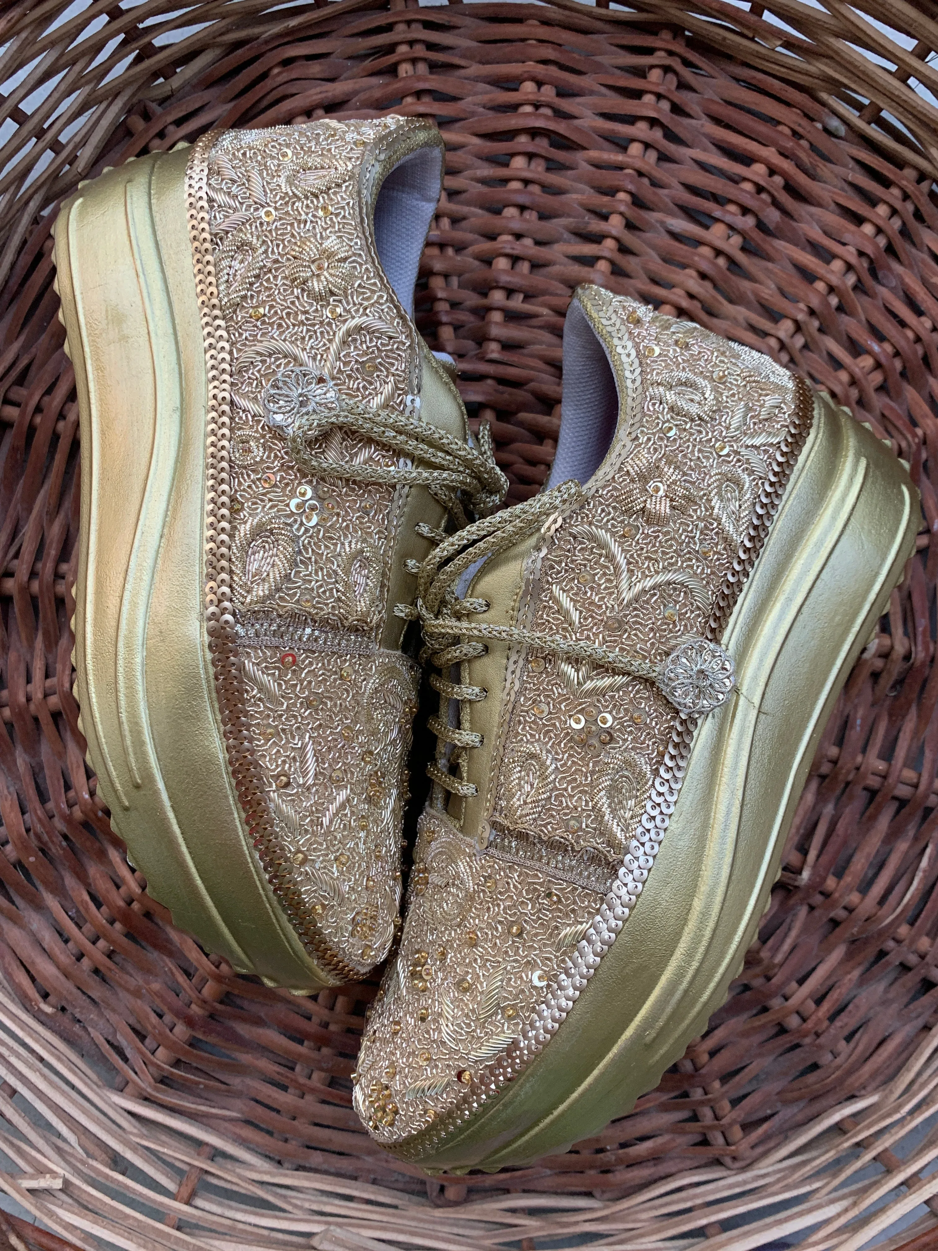 FUNKY N TRENDY gold intricate hand embroidered sneakers for brides /bridesmaids / sneakers for bridesmaids/ handcrafted sneakers/ sequine sneakers / bridal sneakers / bridesmaid sneakers/ ivory sneakers /embroidered shoes/ zardozi sneakers