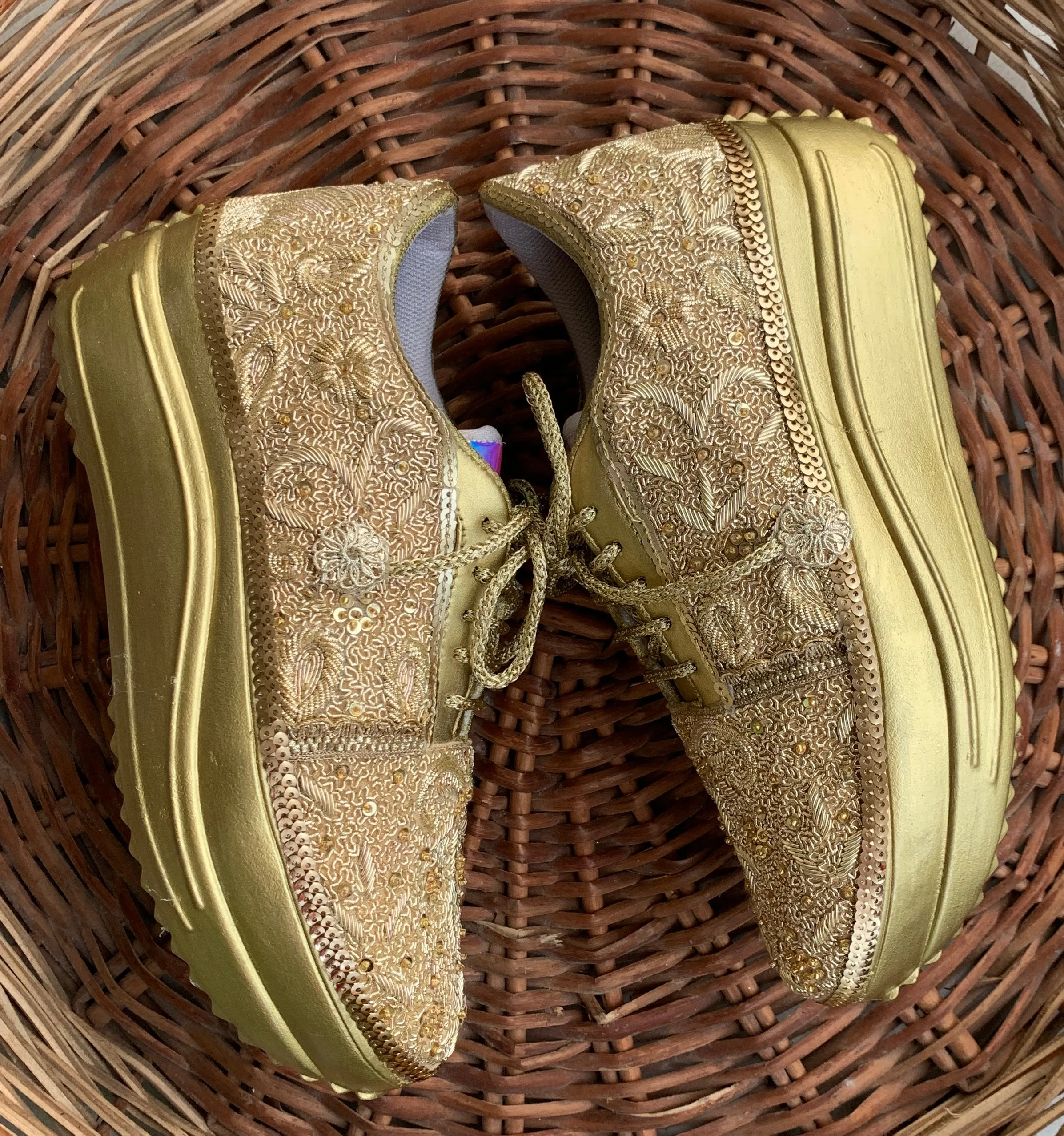 FUNKY N TRENDY gold intricate hand embroidered sneakers for brides /bridesmaids / sneakers for bridesmaids/ handcrafted sneakers/ sequine sneakers / bridal sneakers / bridesmaid sneakers/ ivory sneakers /embroidered shoes/ zardozi sneakers