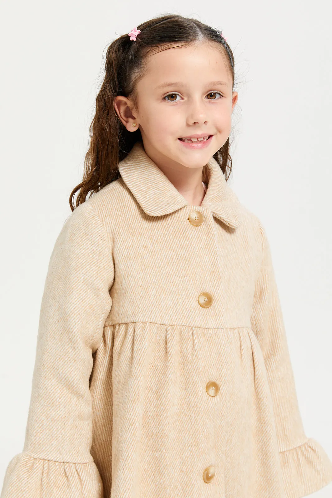 Girls Beige Front Button Jacket