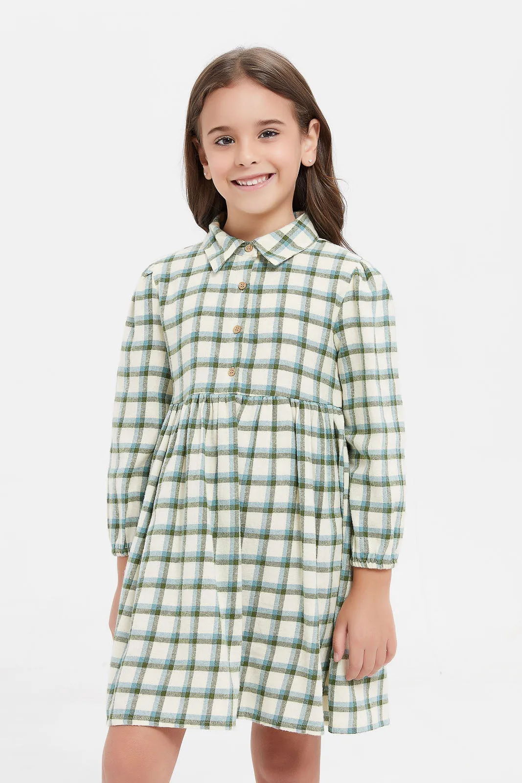 Girls Mint And Cream Check Collar Dress