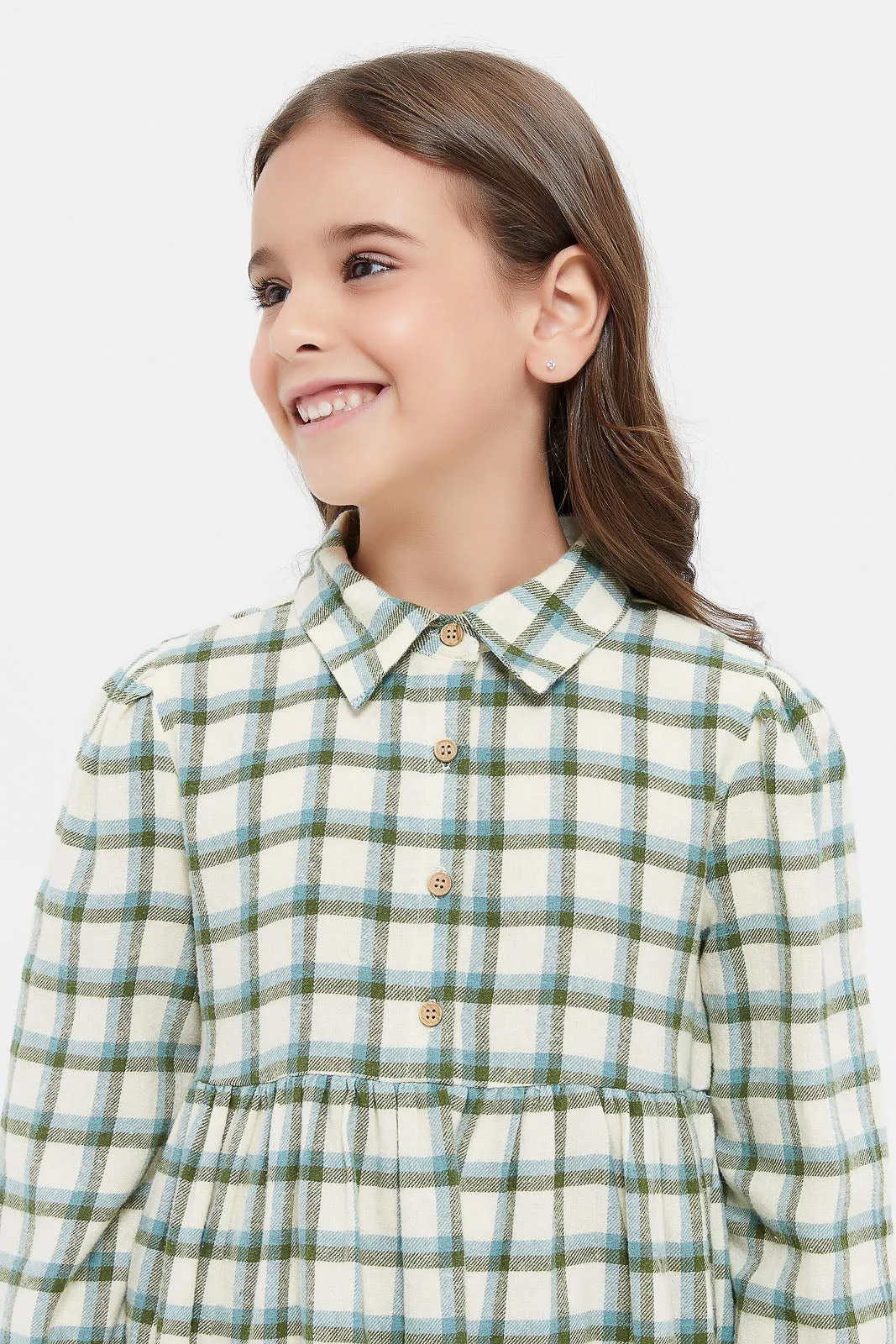 Girls Mint And Cream Check Collar Dress