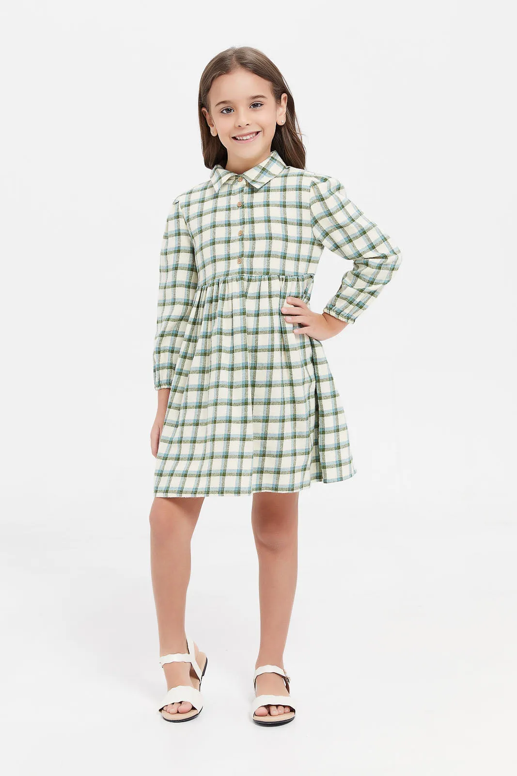 Girls Mint And Cream Check Collar Dress