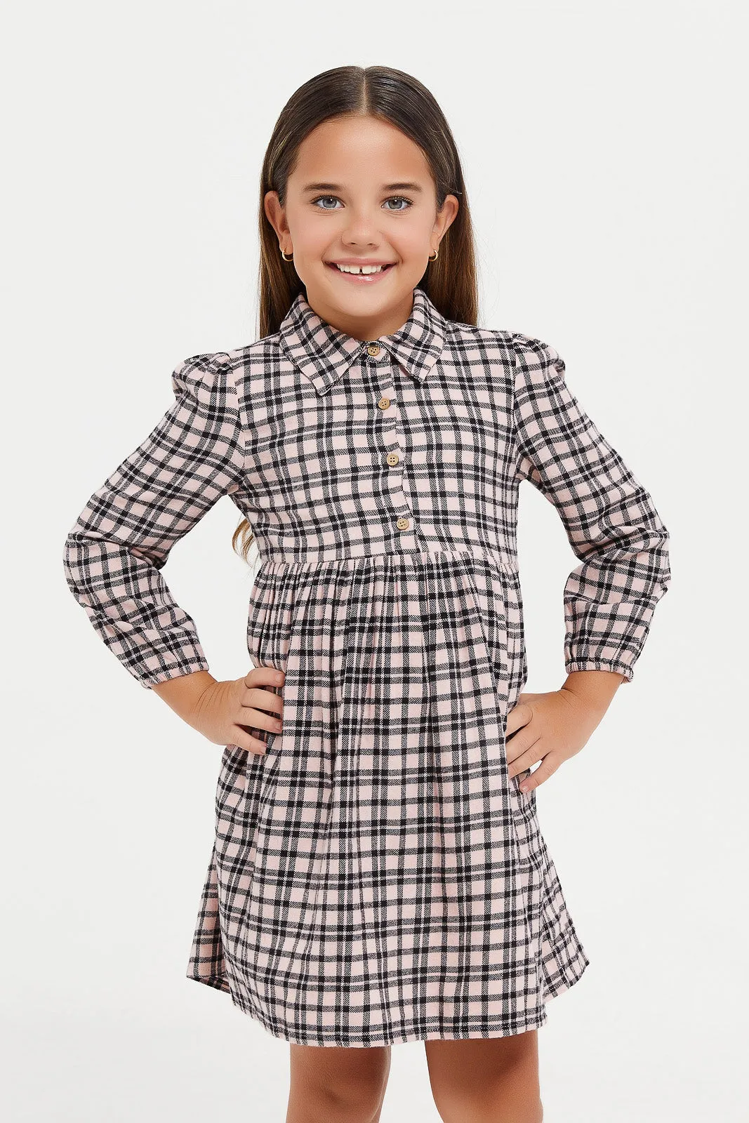 Girls Pink Collared Check Dress