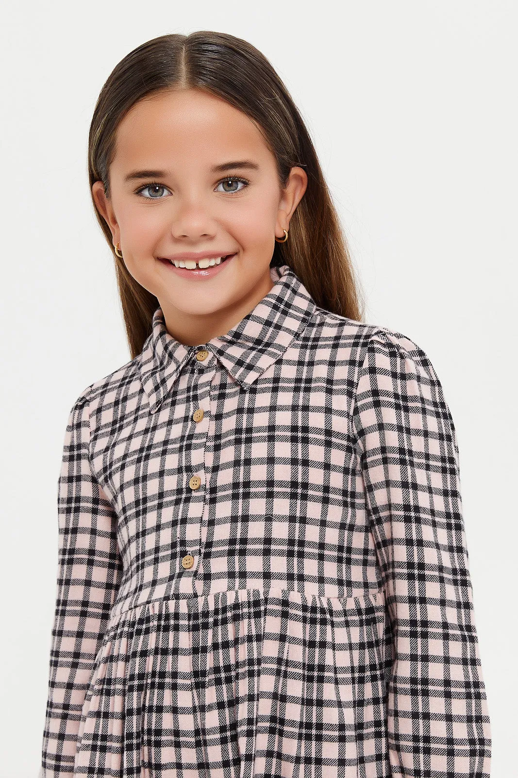 Girls Pink Collared Check Dress