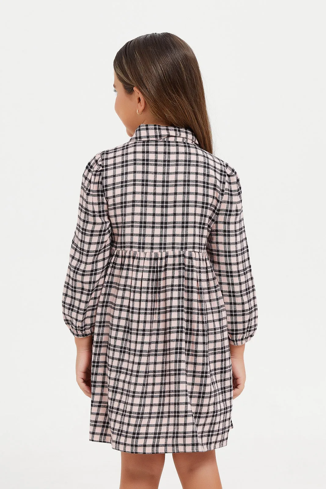 Girls Pink Collared Check Dress