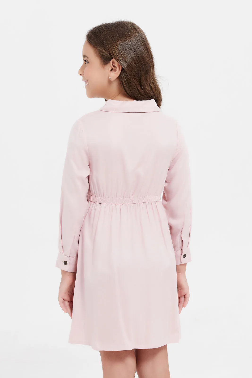 Girls Pink Collared Shirt Dress With Pockets