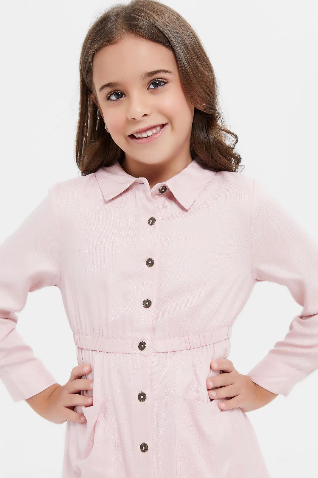 Girls Pink Collared Shirt Dress With Pockets