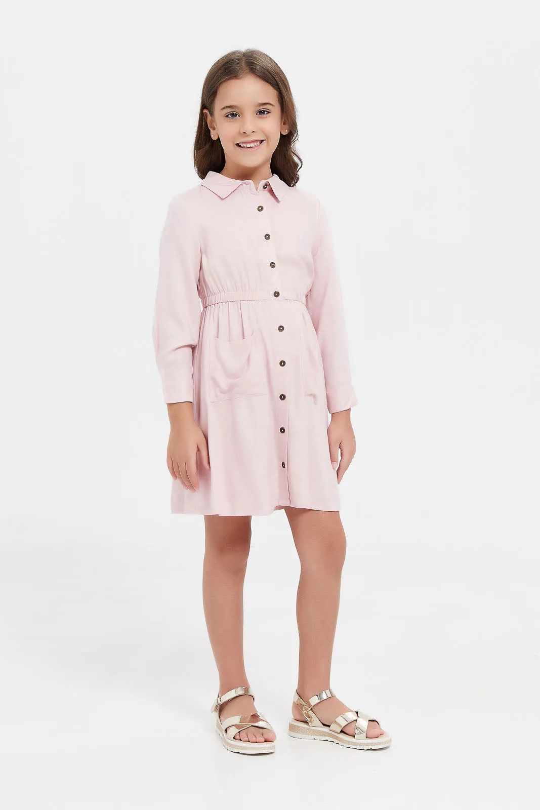 Girls Pink Collared Shirt Dress With Pockets