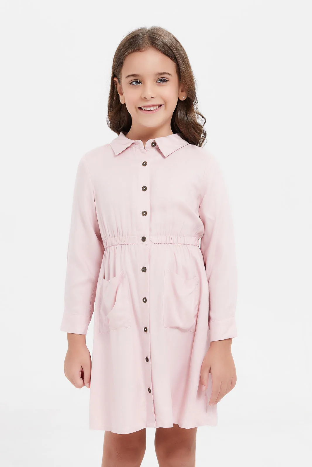 Girls Pink Collared Shirt Dress With Pockets