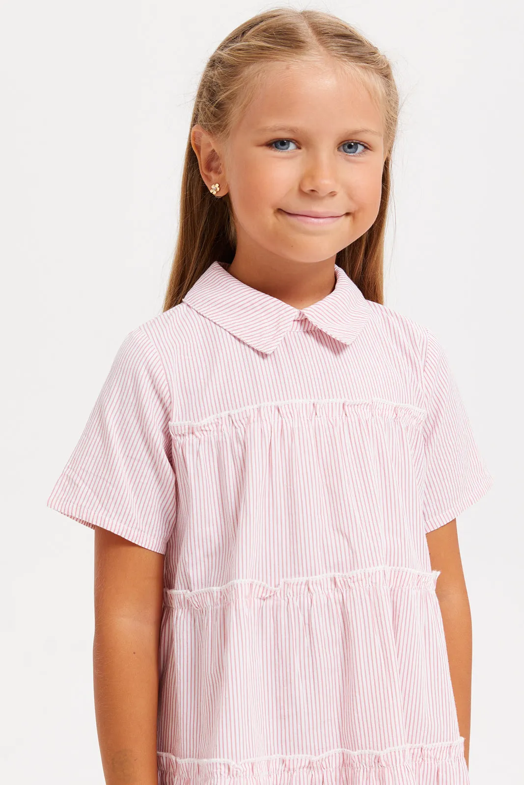 Girls Pink Collared Striped Dress