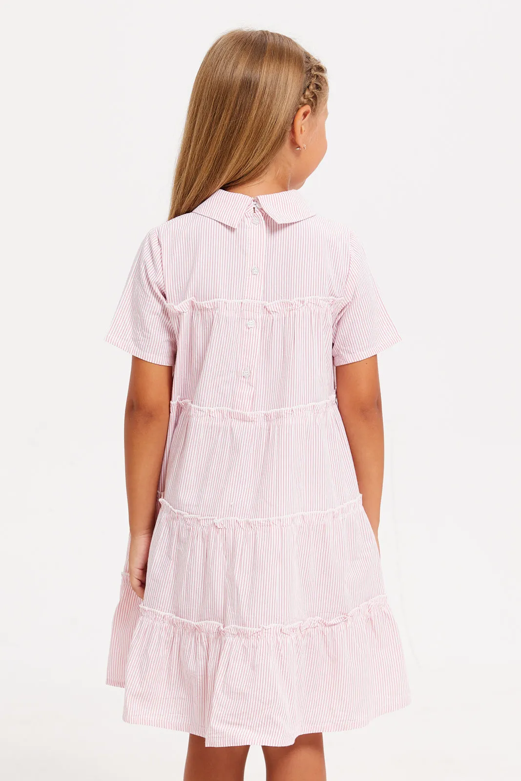 Girls Pink Collared Striped Dress