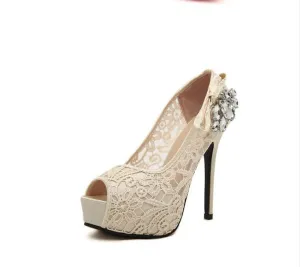 Hand Made High Heels Fish Toe Lace Sexy Wedding Bridal Shoes, SY0110