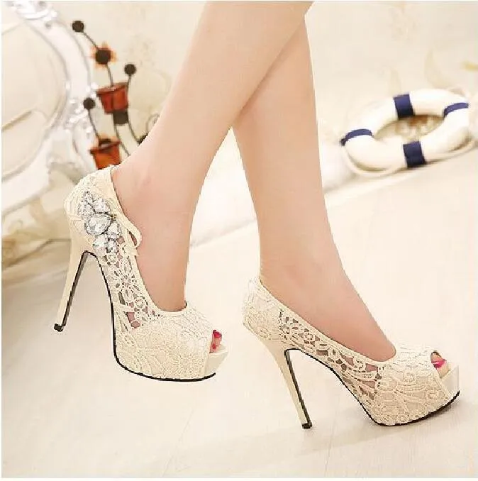 Hand Made High Heels Fish Toe Lace Sexy Wedding Bridal Shoes, SY0110