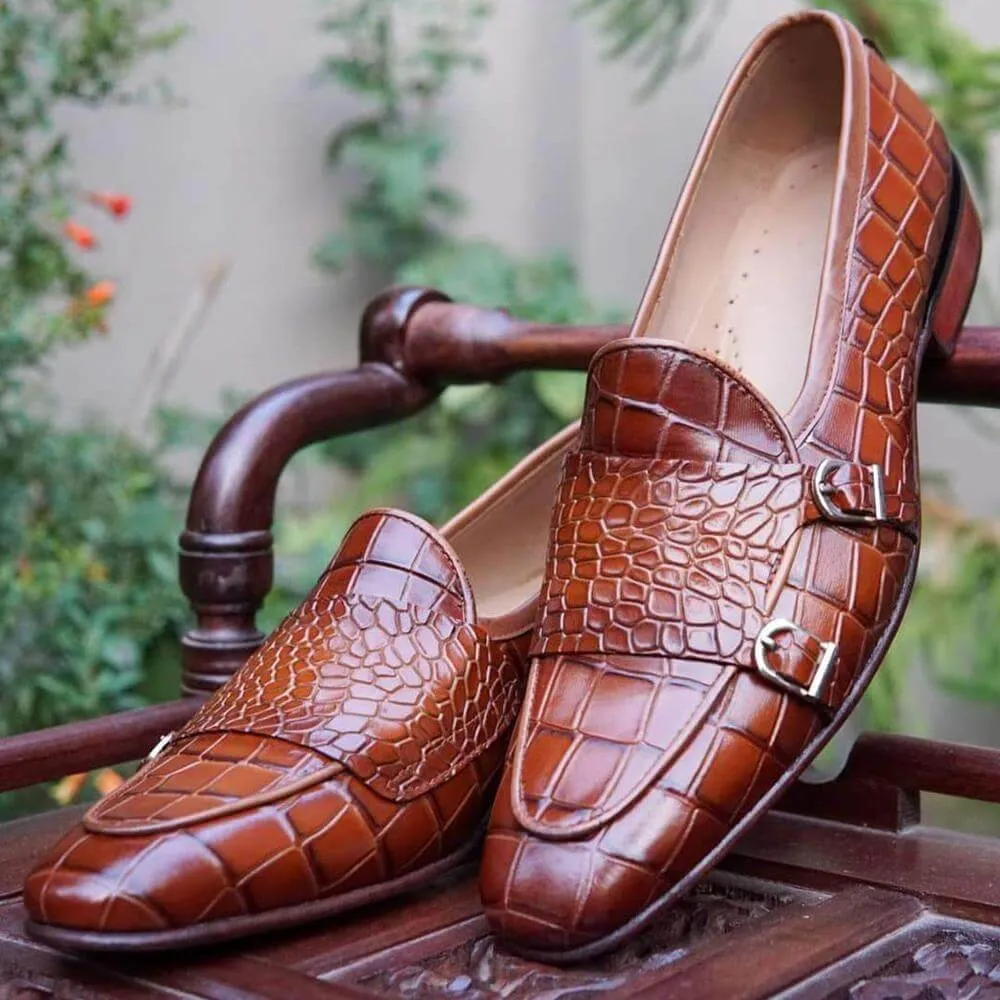 Handmade Stylish Brown Alligator Double Monk Loafer Style Shoes For Men's