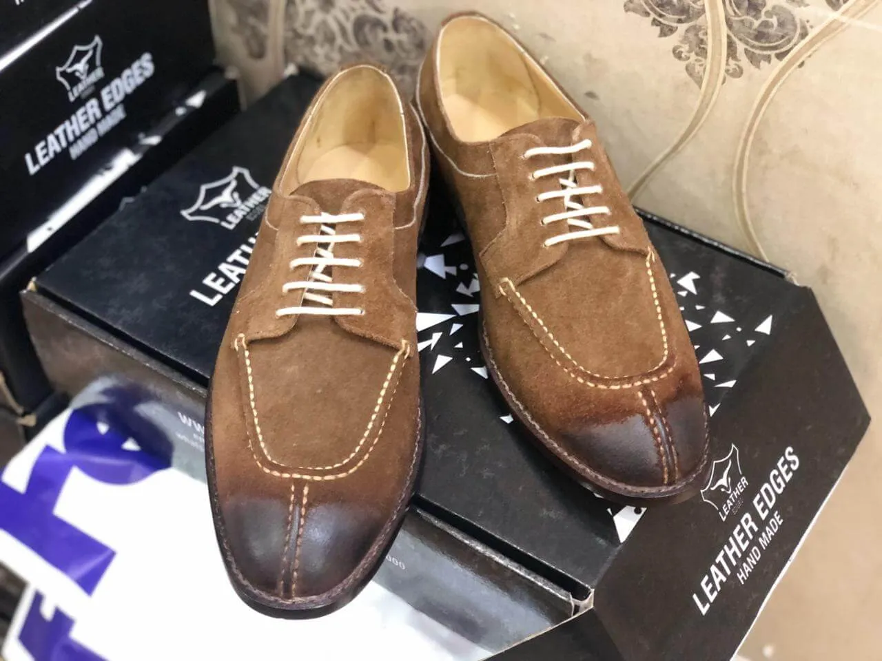 Handmade Two Tone Brown Split Toe Suede Lace Up Shoes For Men's