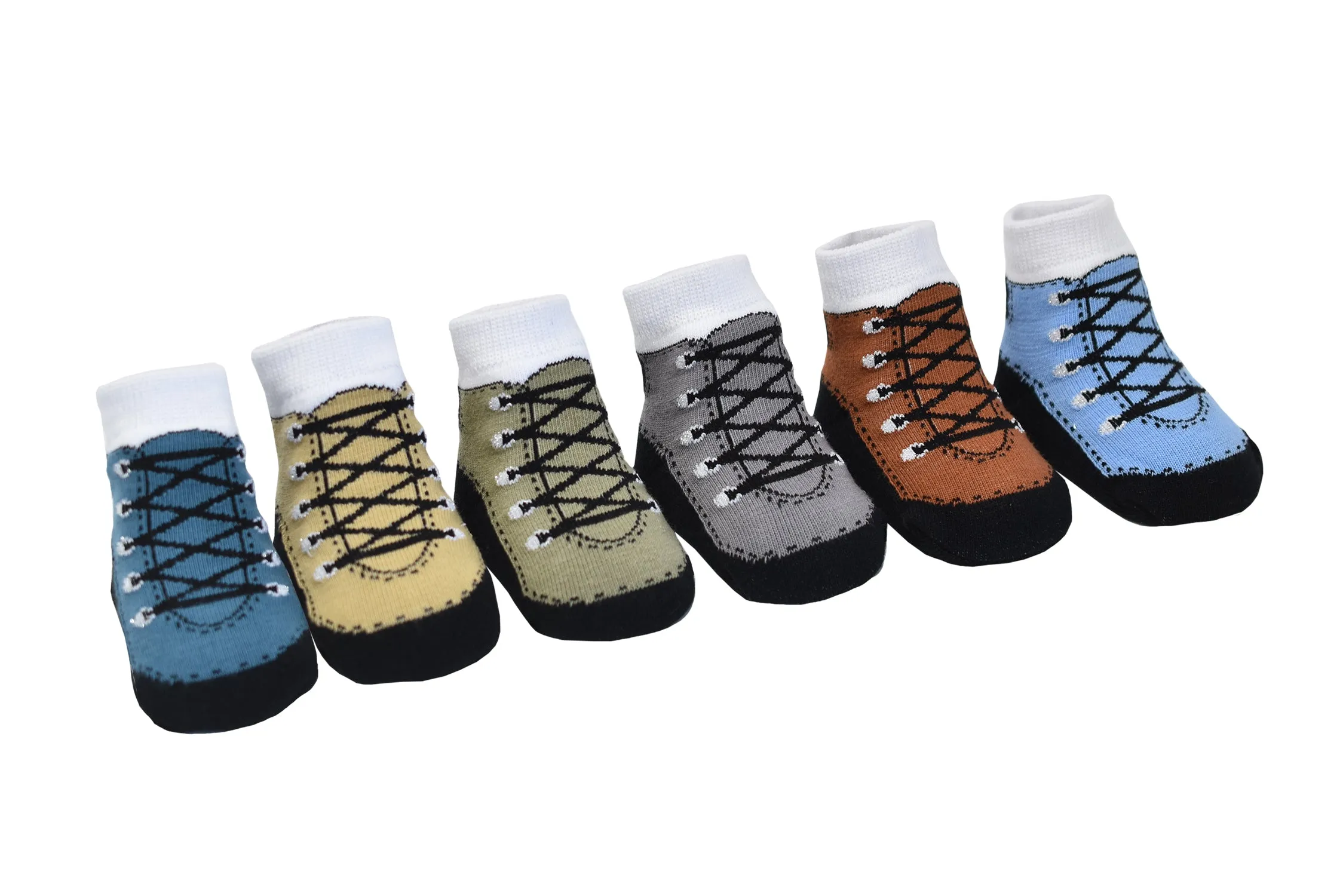 HIKER BOOTS shoe design socks. With Anti-slip soles. 6 pairs. 0-12 months