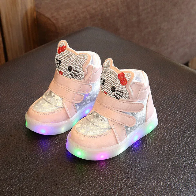 Kids Casual Lighted Shoes Girls Glowing Sneakers Children Hello Kitty Shoes With Led Light Baby Girl Lovely Boots C218