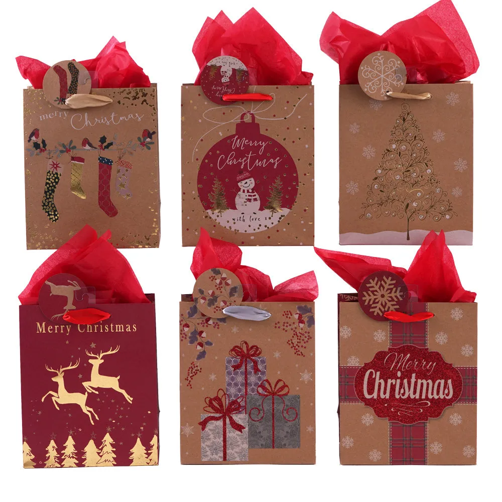 Large Christmas Holiday Glitter Kraft Gift Bag, 6 Designs