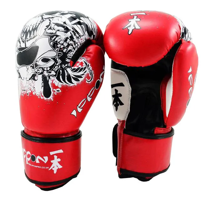 MAR-411 | White Red IPPON Boxing Gloves w/ Skull Design