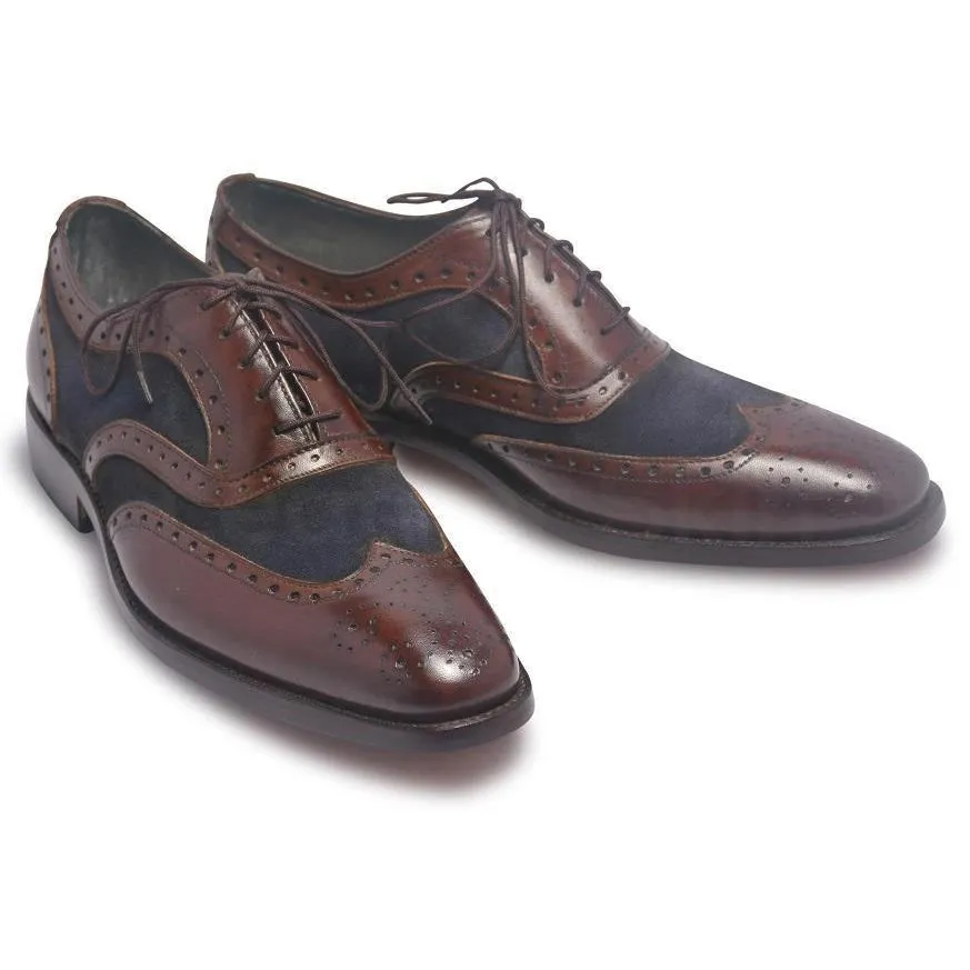 Men Brown Brogue Wingtip Genuine Leather Shoes with Blue Suede