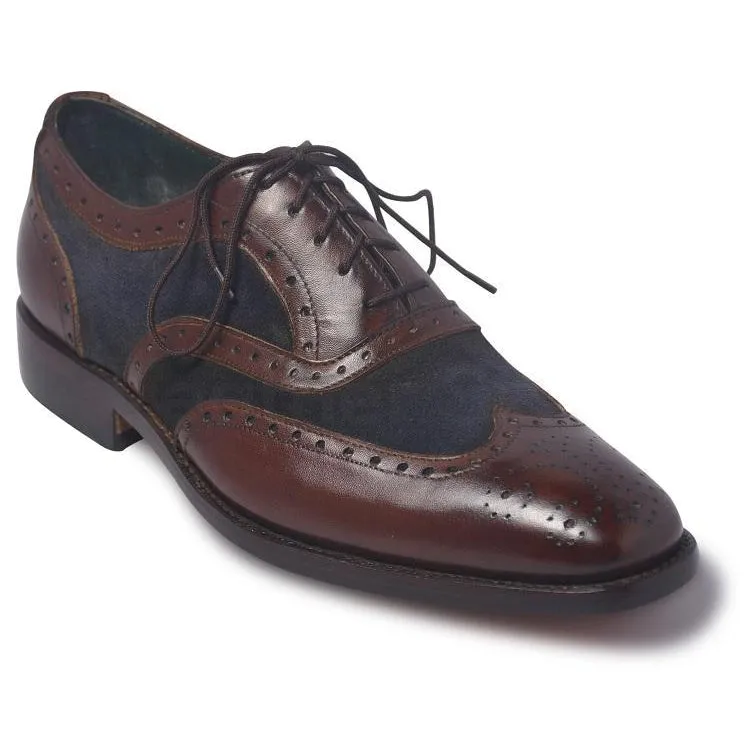 Men Brown Brogue Wingtip Genuine Leather Shoes with Blue Suede