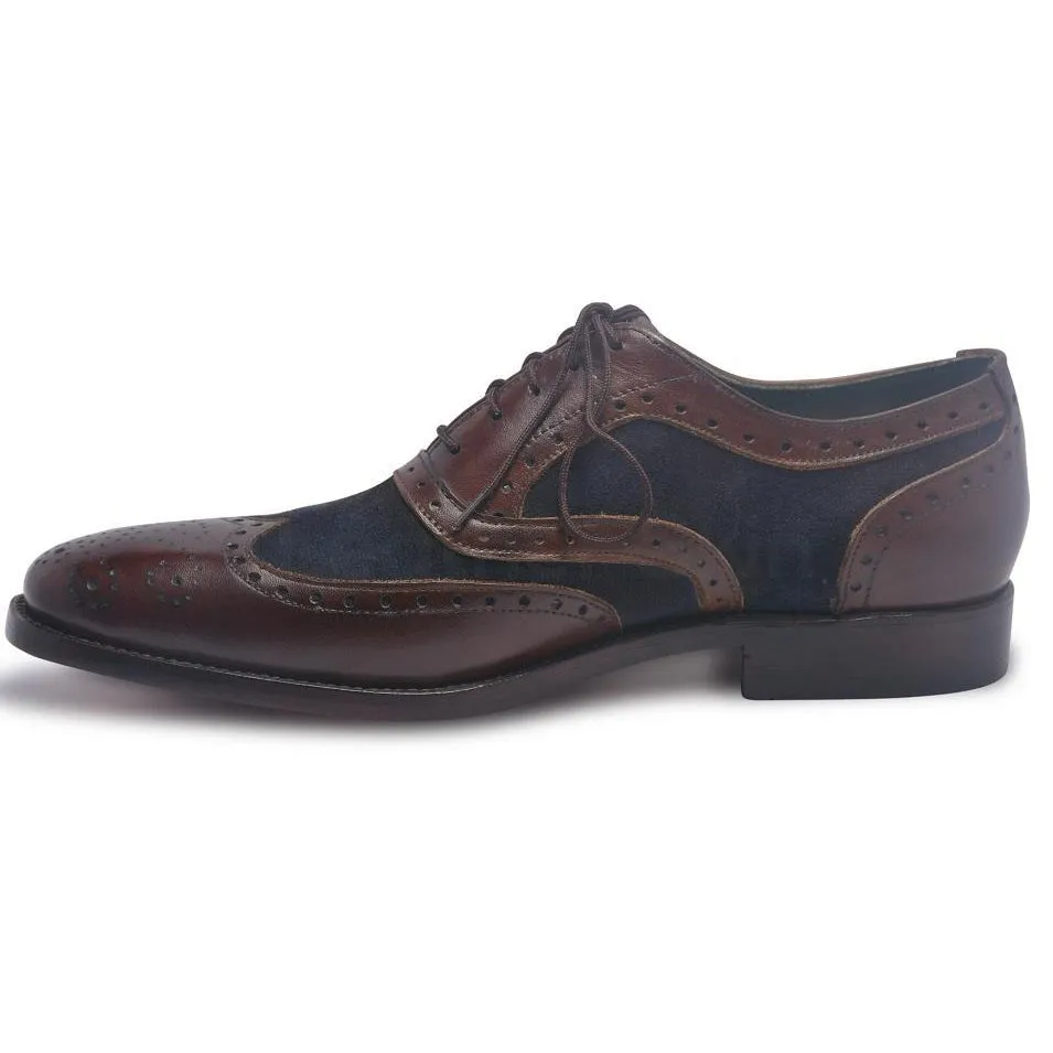 Men Brown Brogue Wingtip Genuine Leather Shoes with Blue Suede