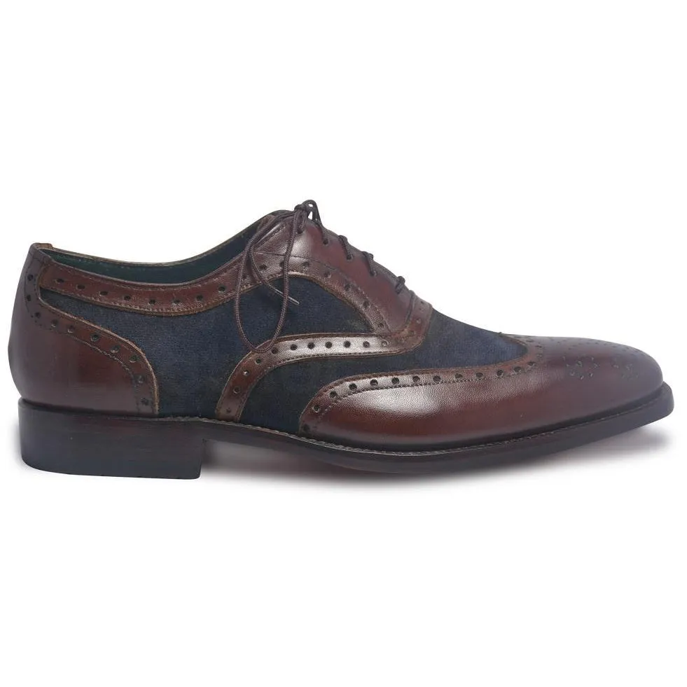 Men Brown Brogue Wingtip Genuine Leather Shoes with Blue Suede