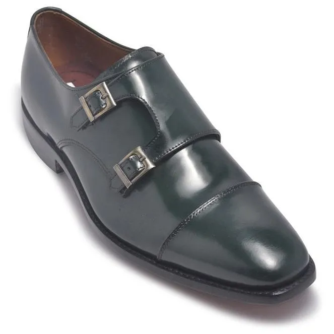 Men Dark Green Monk Strap Cap Toe Genuine Leather Shoes