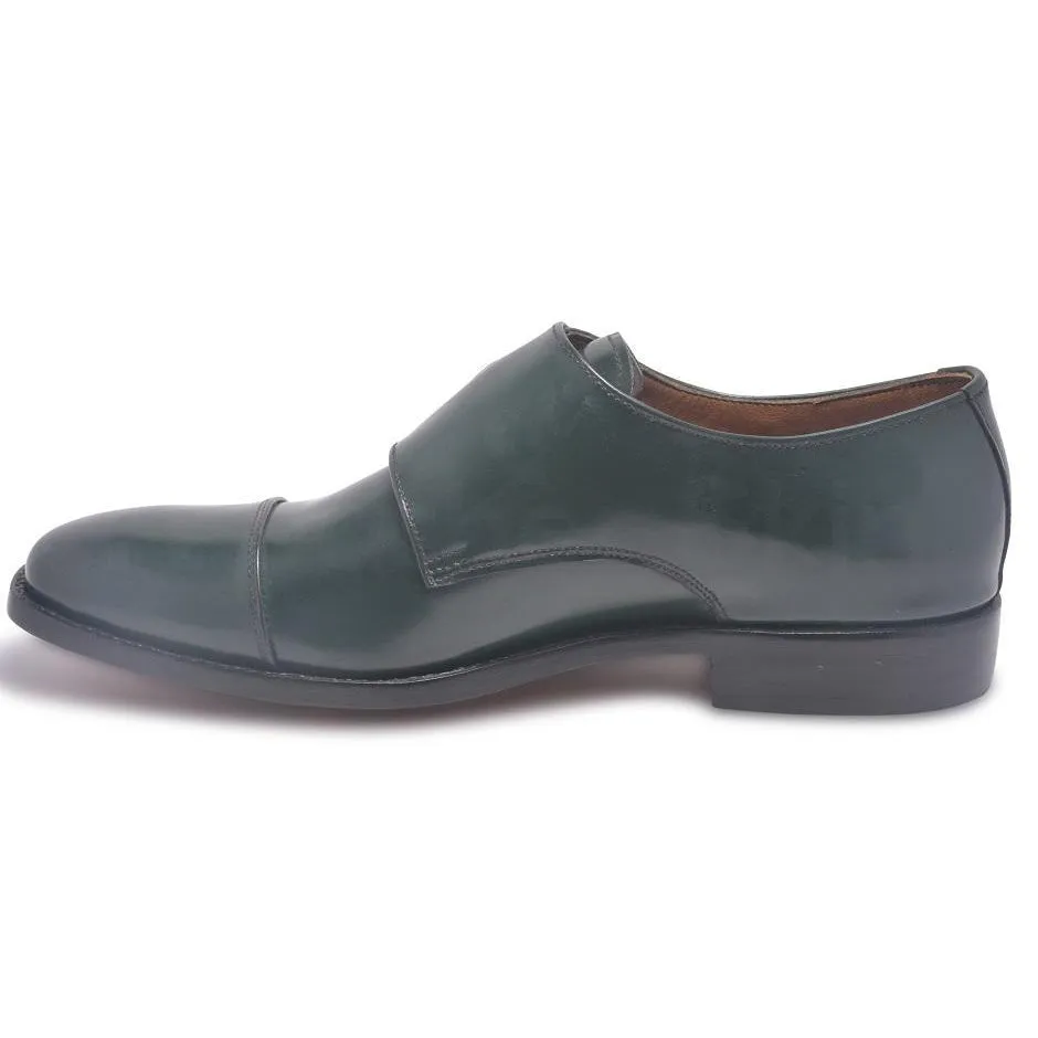 Men Dark Green Monk Strap Cap Toe Genuine Leather Shoes