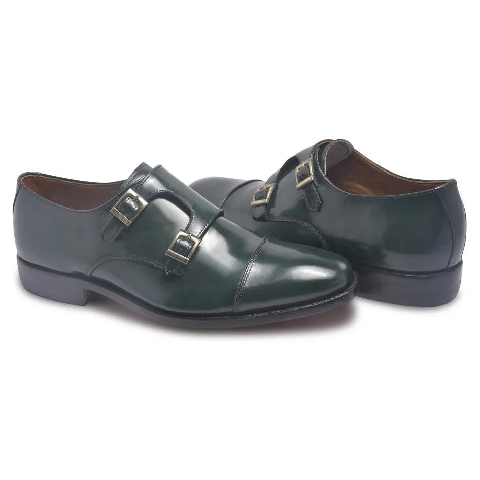 Men Dark Green Monk Strap Cap Toe Genuine Leather Shoes