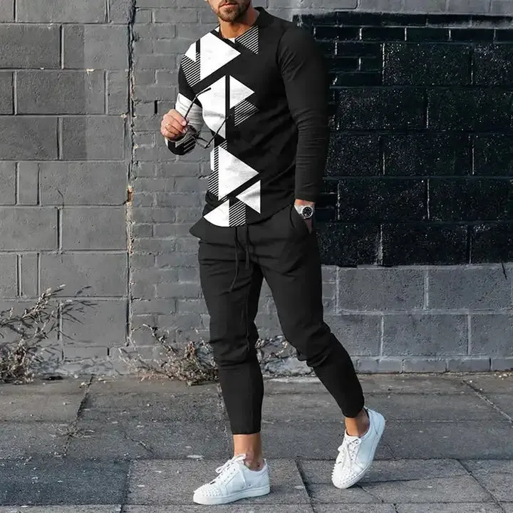 Men's Long Sleeve T-Shirt & Pants Set |Retro Geometry 3D Printed Casual Suit