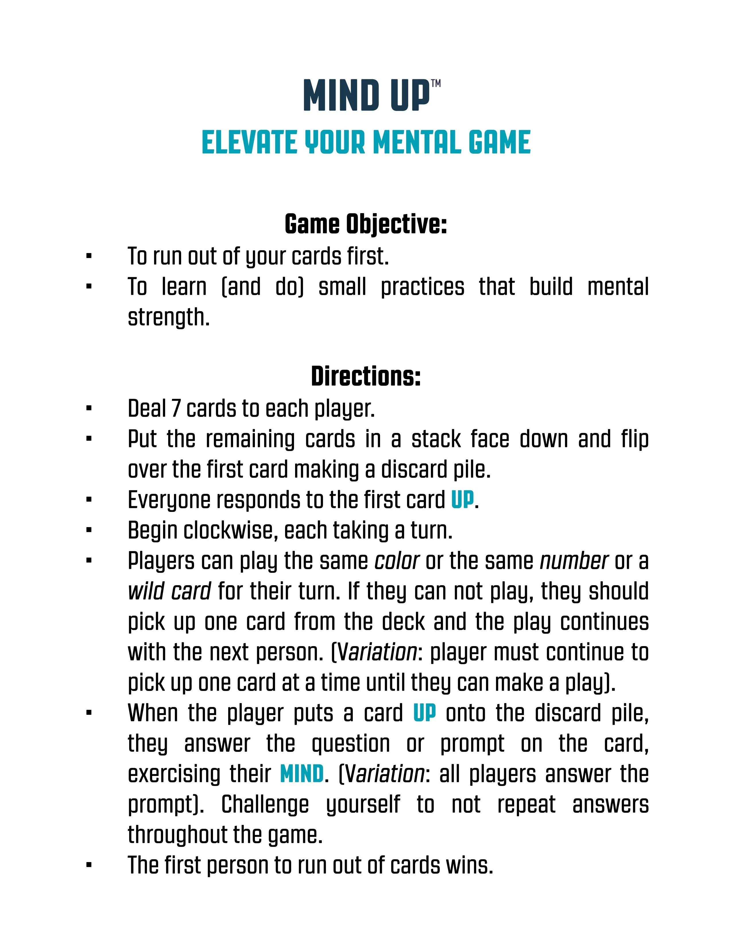 Mind Up Card Game (Downloadable PDF)