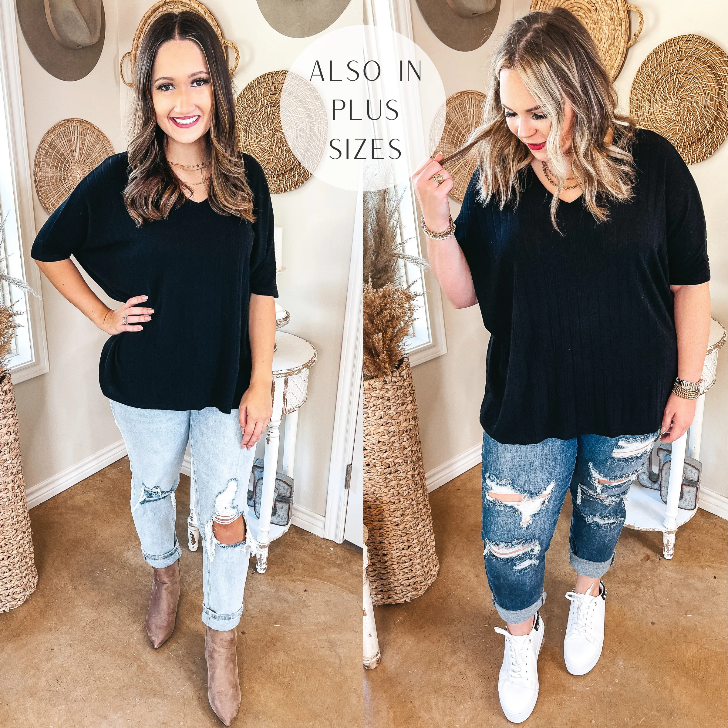 No Secrets V Neck Ribbed Poncho Top in Black