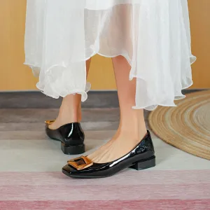 Nude Block Heels Closed Toe Spring Patent Leather Chunky Heel Leather Shoes Casual Shoes