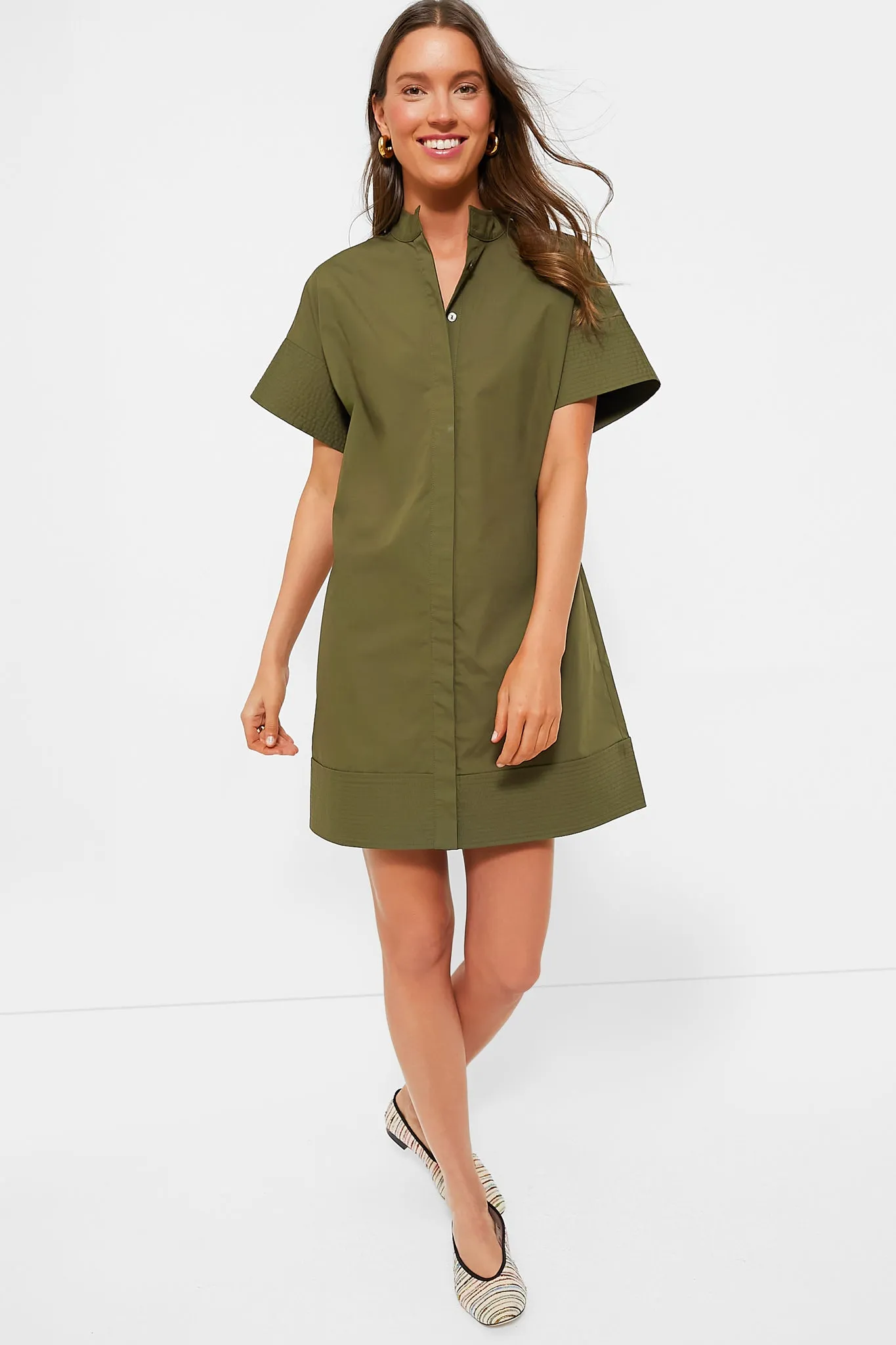 Olive Green Trapunto Stitch Sofia Shirt Dress