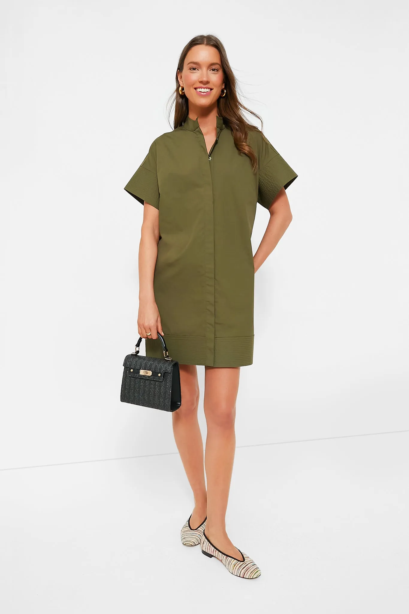 Olive Green Trapunto Stitch Sofia Shirt Dress