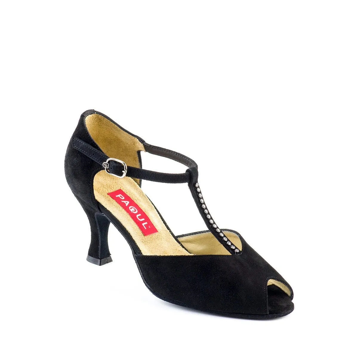 Paoul Balancè Ladies Black Suede Argentine Tango Dance Shoe with Open Toe and Rhinestones on T-Strap