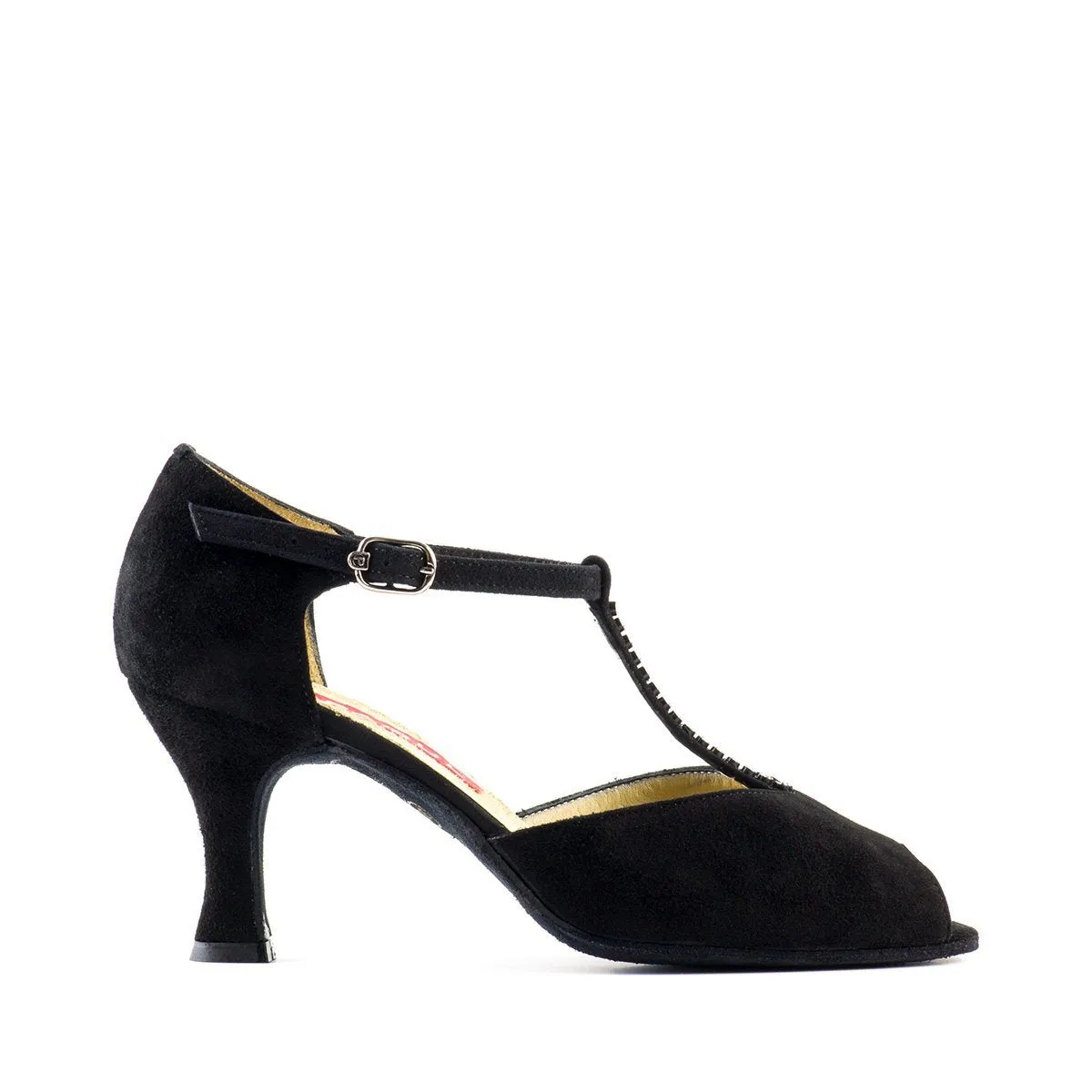 Paoul Balancè Ladies Black Suede Argentine Tango Dance Shoe with Open Toe and Rhinestones on T-Strap