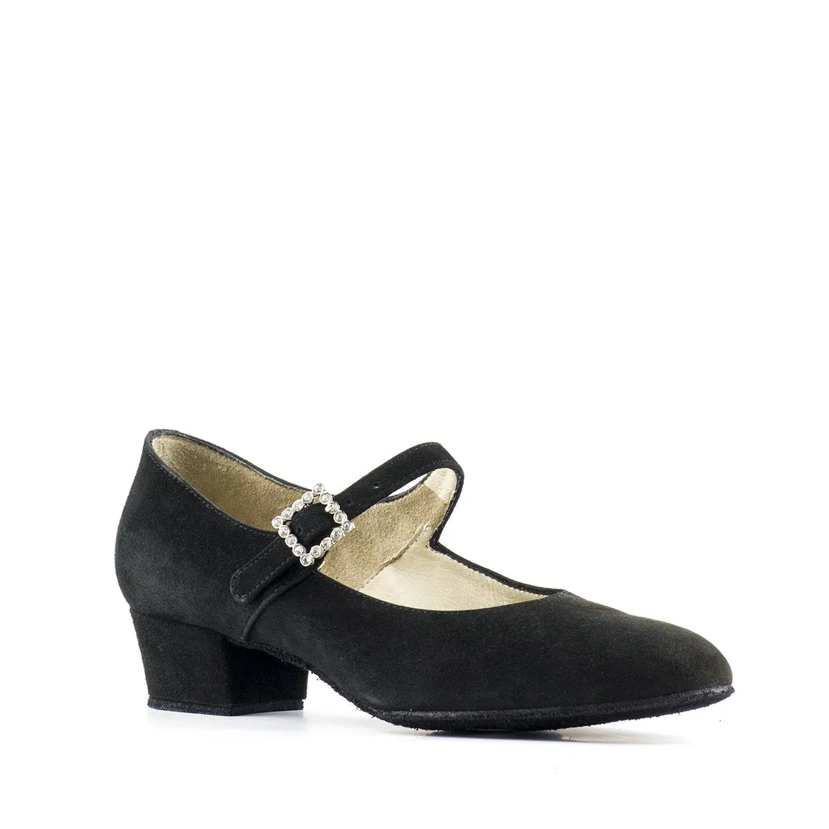 Paoul Click Ladies Black Suede Social Dance Shoe with Mary Jane Strap and Rhinestone Buckle