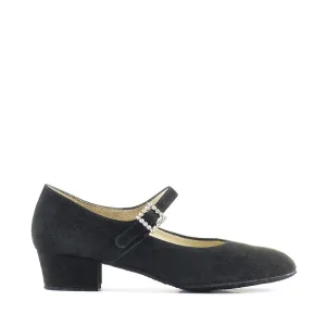 Paoul Click Ladies Black Suede Social Dance Shoe with Mary Jane Strap and Rhinestone Buckle