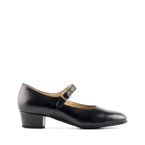 Paoul Flap Ladies Black Leather Social Dance Shoe with Mary Jane Strap and Low Heel