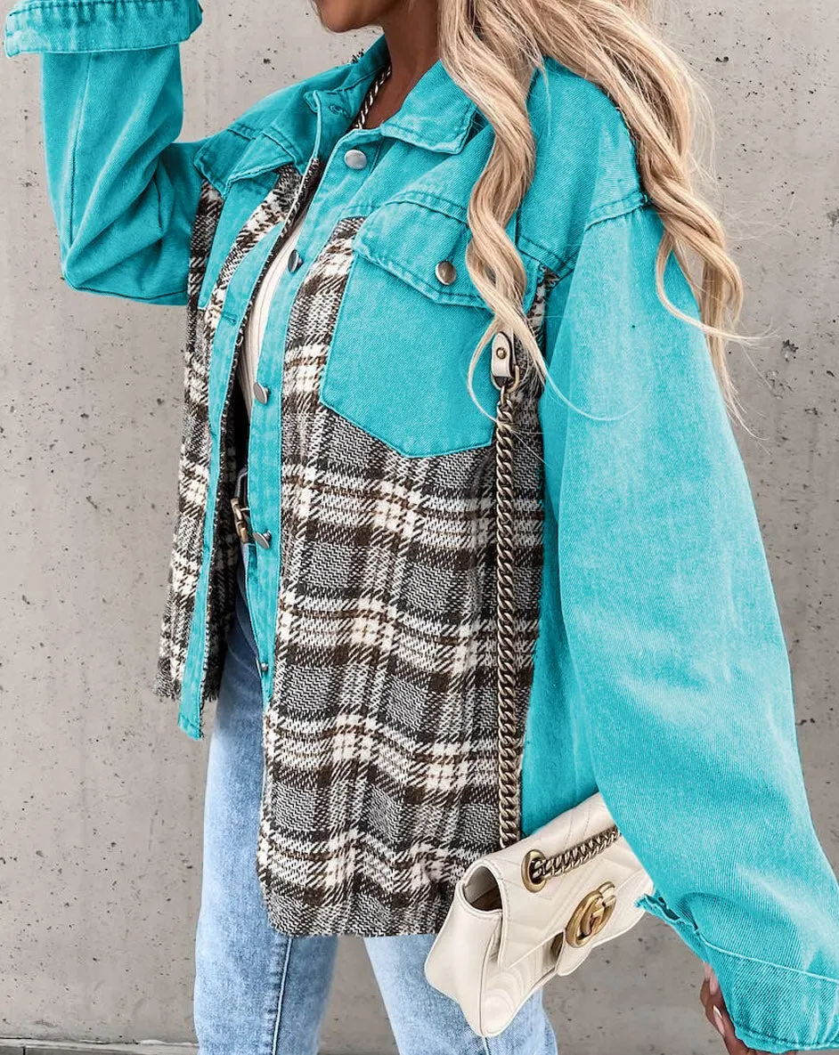 Plaid Patchwork Pockets Denim Jacket