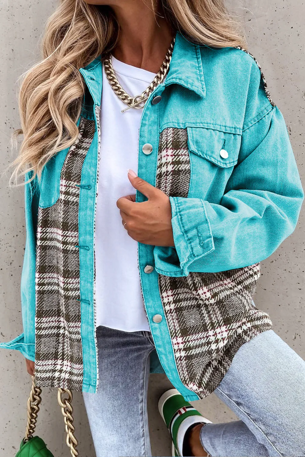 Plaid Patchwork Pockets Denim Jacket