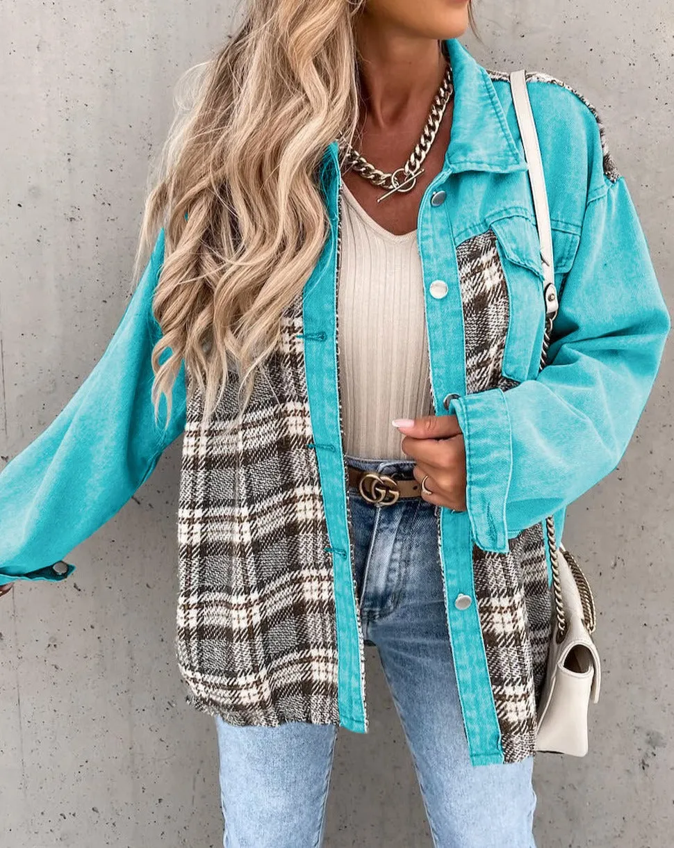 Plaid Patchwork Pockets Denim Jacket