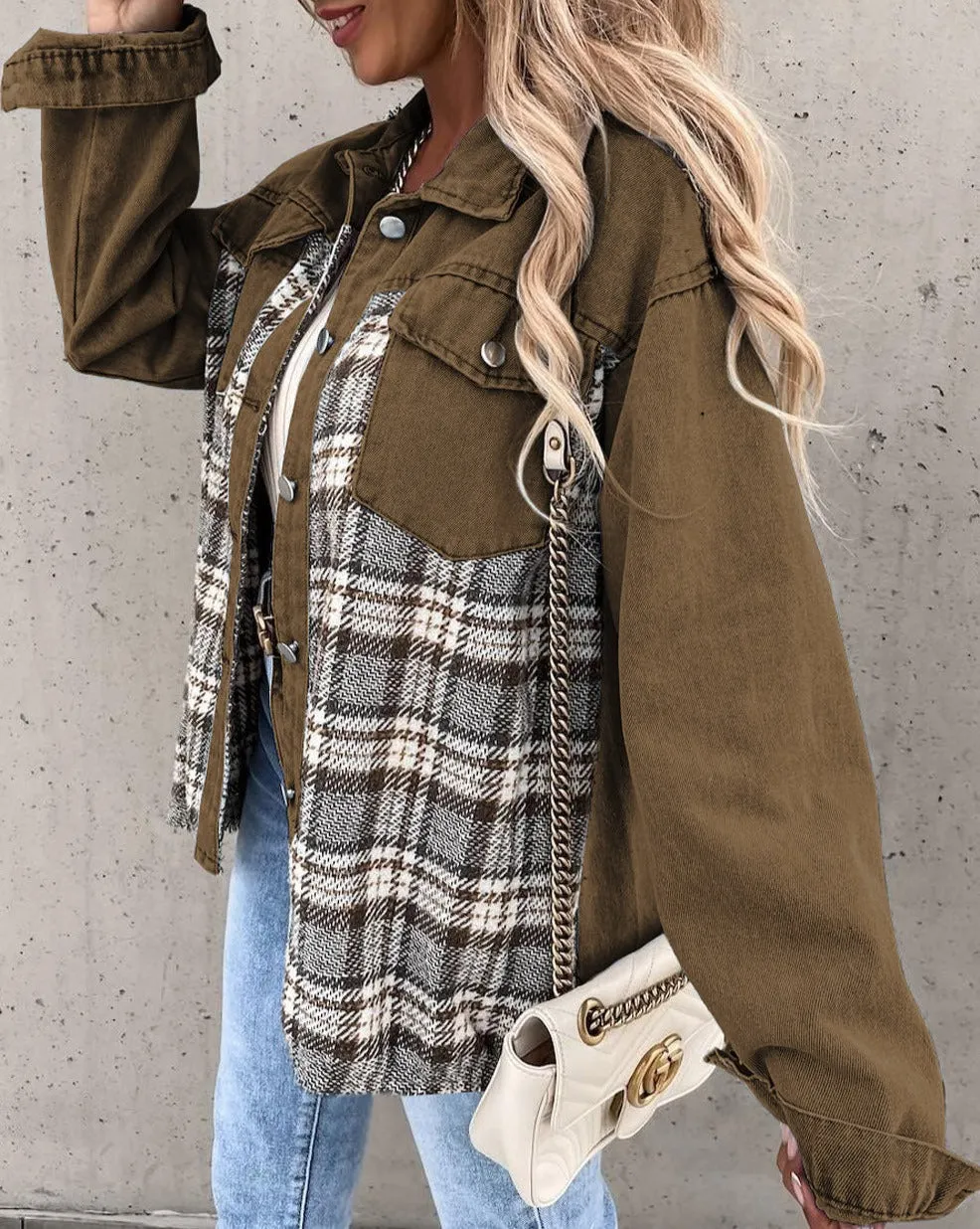 Plaid Patchwork Pockets Denim Jacket