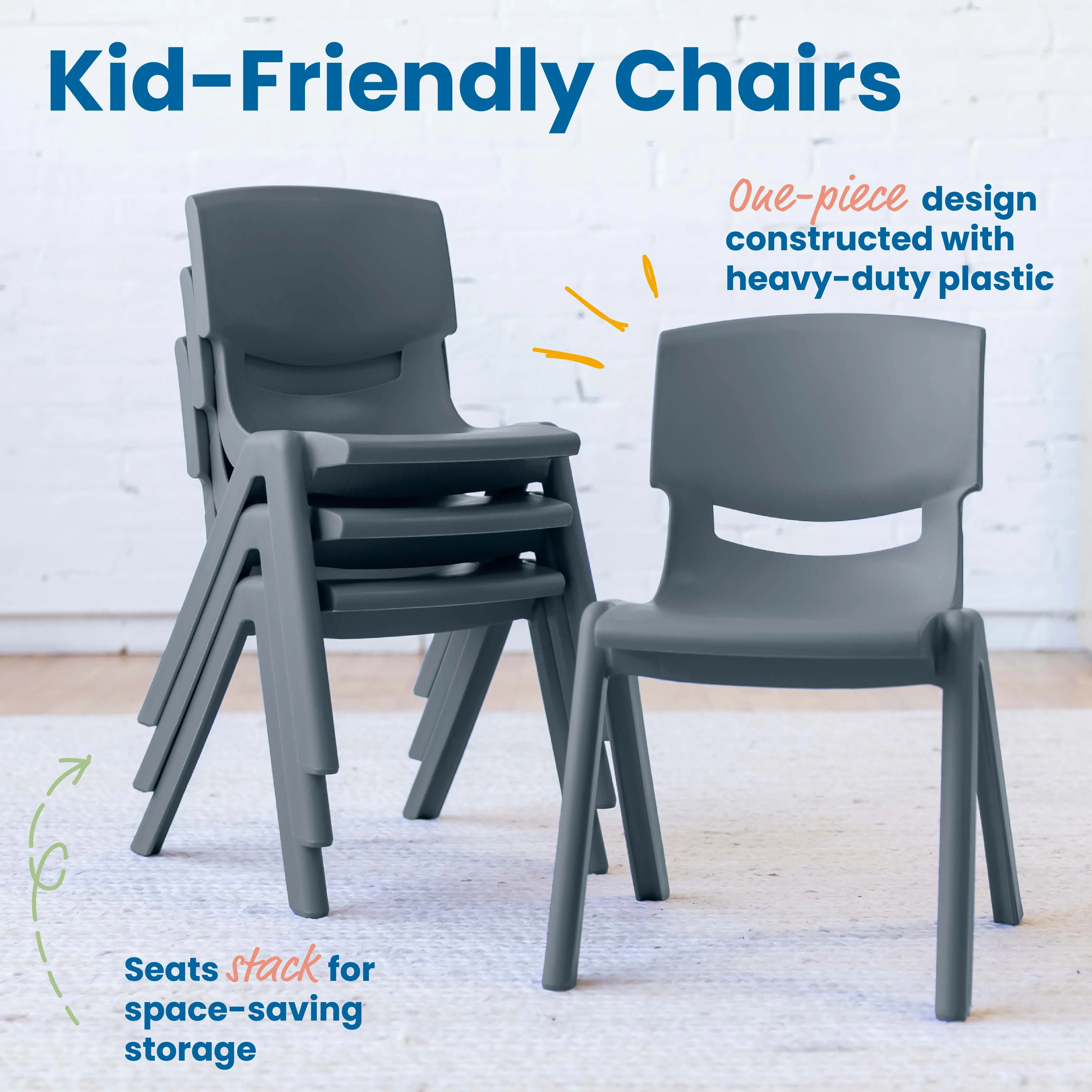 Plastic School Stack Chair for Indoors and Outdoors, Flexible Seating, 12in Seat Height, 4-Pack