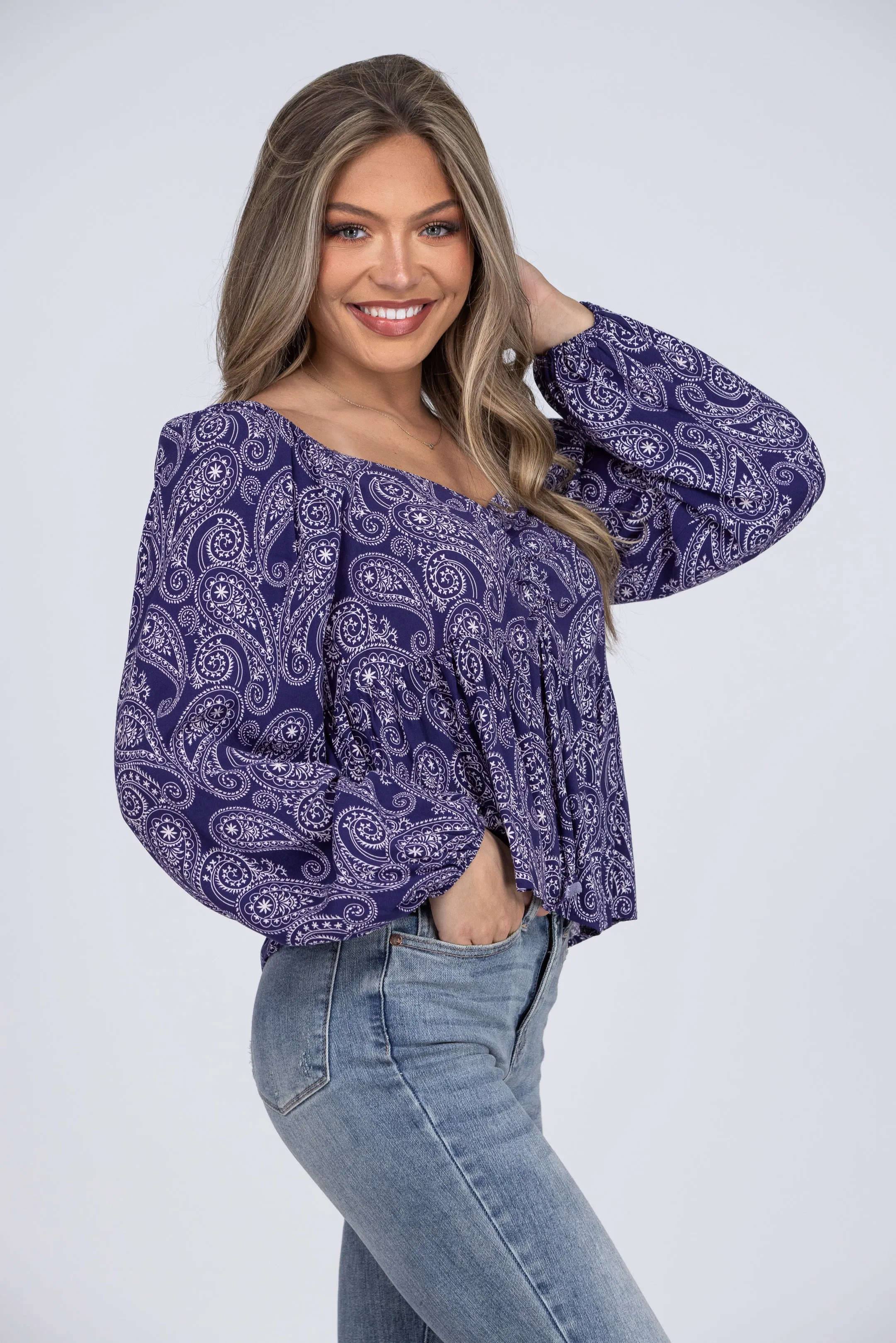 Pop of Paisley Crop Long Sleeve Top