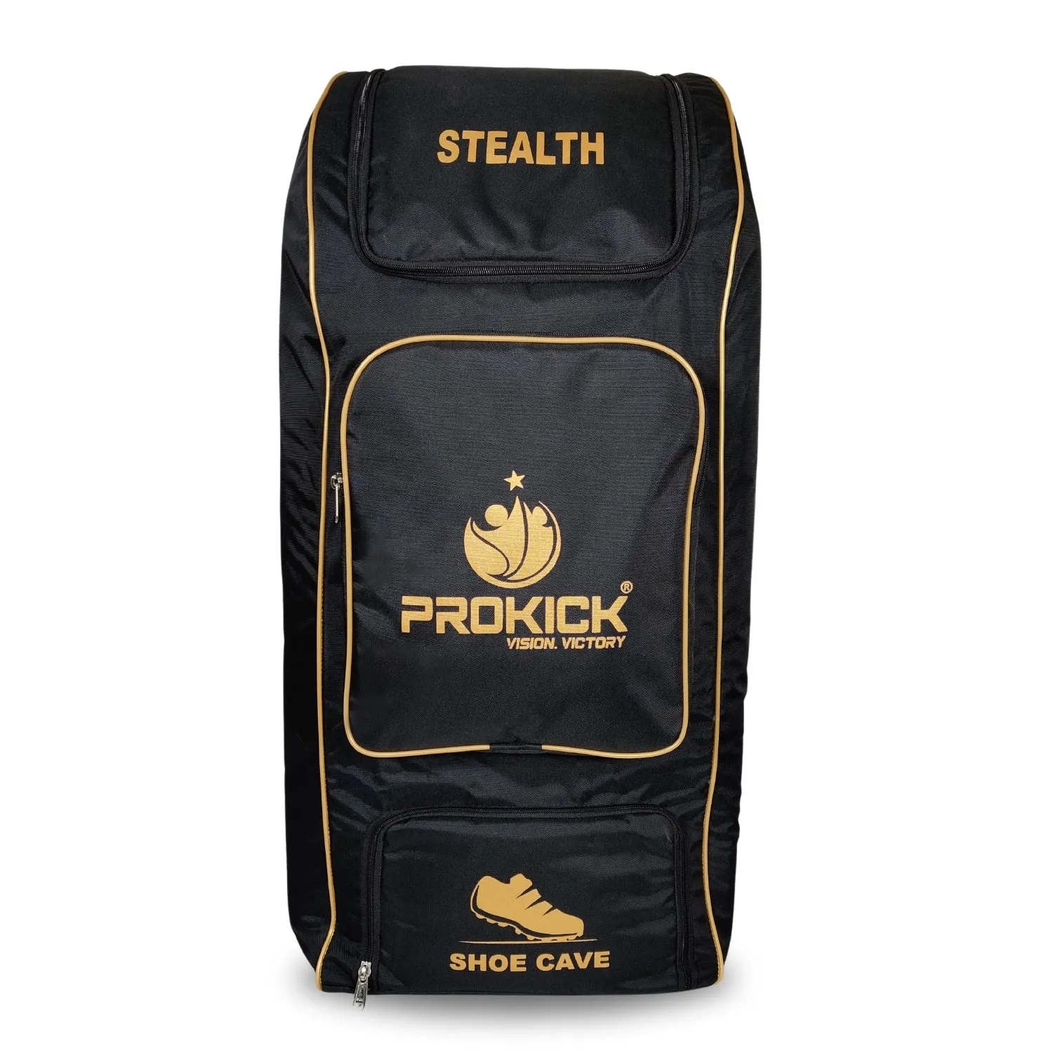 Prokick Stealth 1.0 Wheelie Cricket Kitbag, Black/Gold