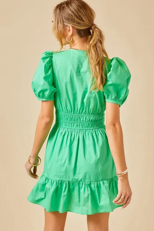 Puff Sleeve Poplin Dress in Fern