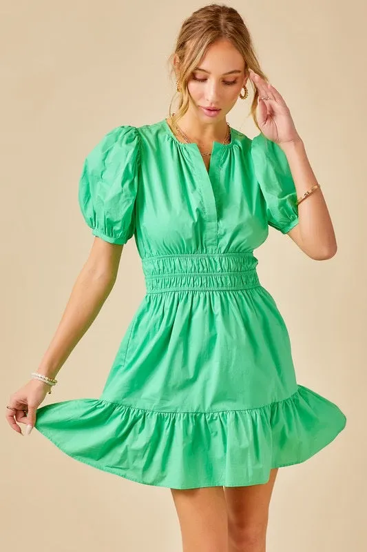 Puff Sleeve Poplin Dress in Fern